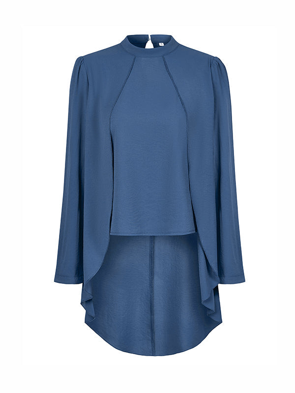Solid Color Split-Joint False Two High-Low Mock Neck Blouses&Shirts Tops