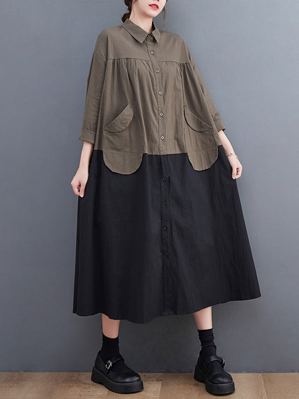 Original Loose Long Sleeves Buttoned Contrast Color Lapel Collar Midi Dresses