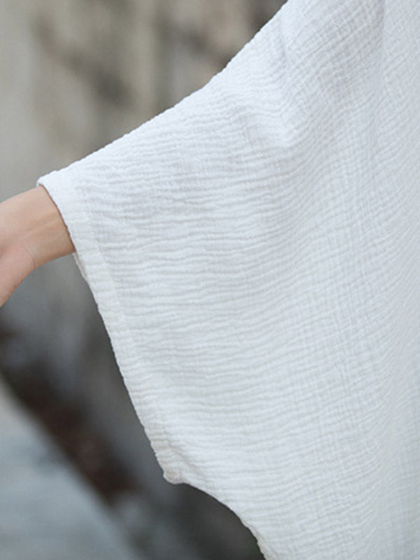 Solid Color Split-Joint Split-Side Batwing Sleeves Round-Neck Midi Dresses