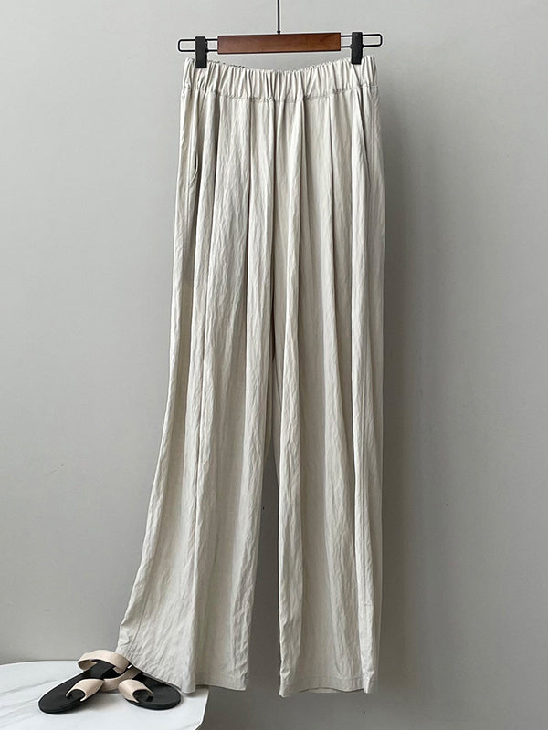 Elasticity Pleated Solid Color High Waisted Wide Leg Trousers Casual Pants Bottoms