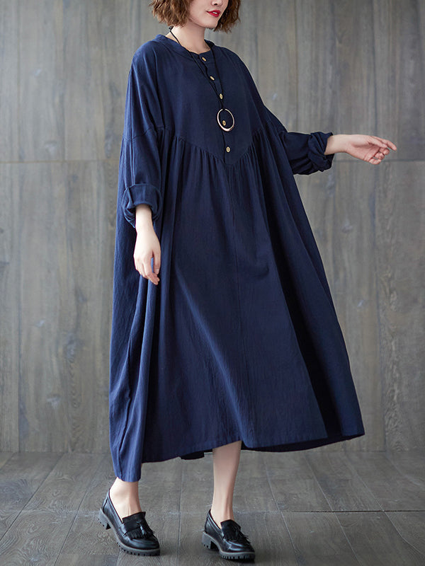 Pleated Solid Color Loose Puff Sleeves Stand Collar Midi Dresses