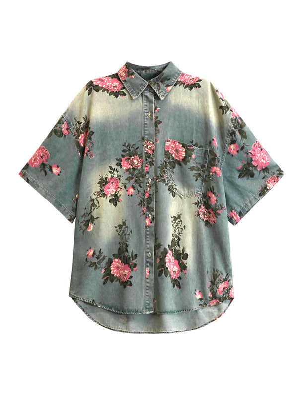 Floral Printed Split-Joint High-Low Loose Lapel Blouses&Shirts Tops