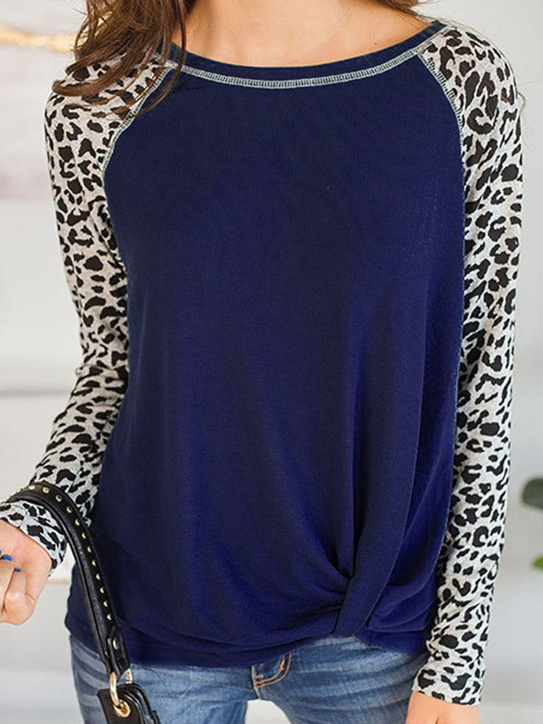 Knot Leopard Split-Joint Long Sleeves Loose Round-Neck T-Shirts Tops