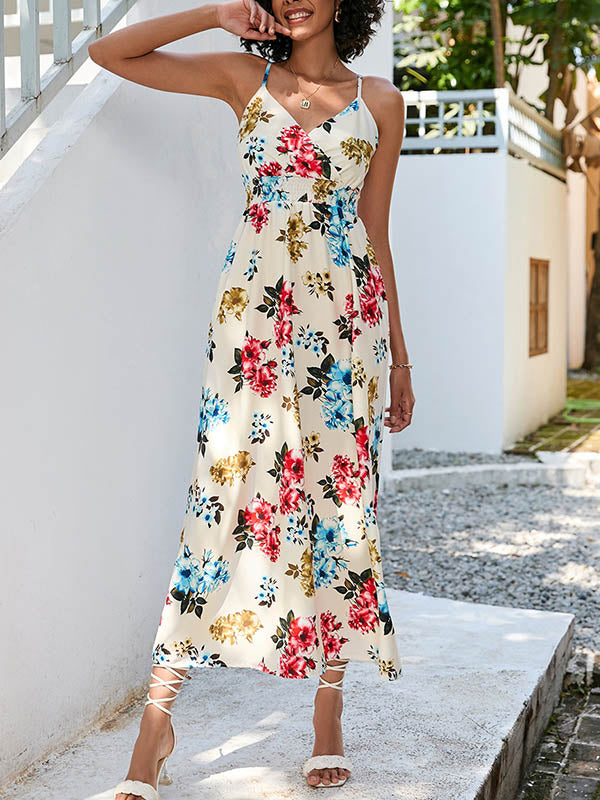 Elasticity Flower Print High Waisted Sleeveless Spaghetti-Neck Midi Dresses