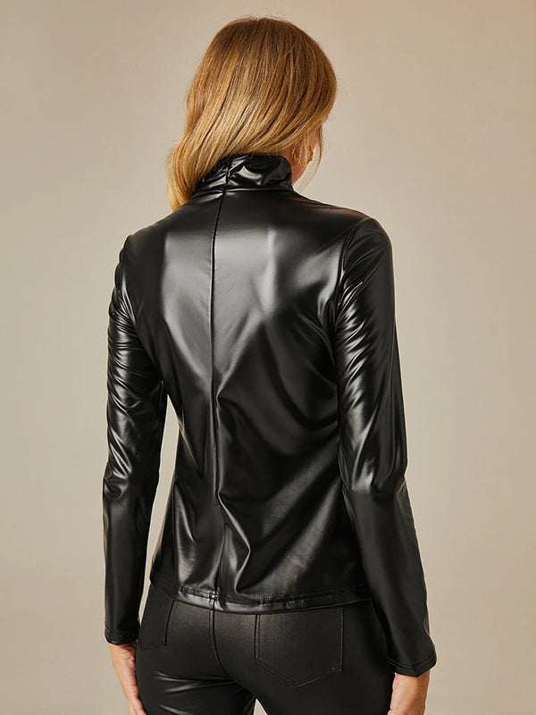 Long Sleeves Skinny Asymmetric Contrast Color High Neck T-Shirts Tops