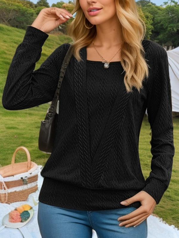 Solid Color Split-Joint Long Sleeves Loose Square-Neck T-Shirts Tops