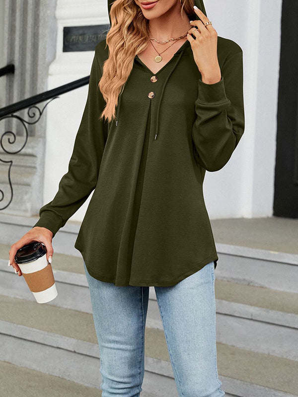 Buttoned Drawstring Hooded Solid Color Long Sleeves Loose V-Neck T-Shirts Tops
