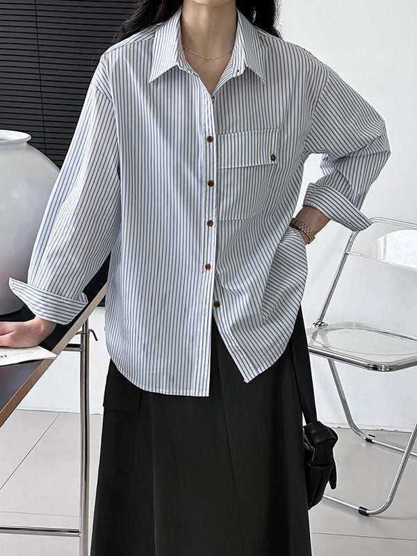Buttoned Pockets Striped Long Sleeves Loose Lapel Blouses&Shirts Tops