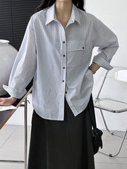 Buttoned Pockets Striped Long Sleeves Loose Lapel Blouses&Shirts Tops