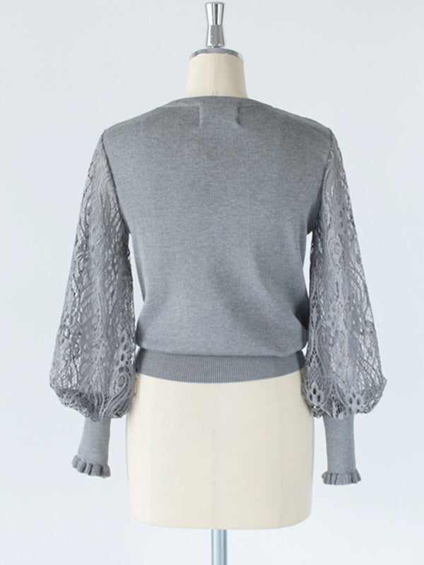Original Loose Hollow Lace Round-Neck Long Puff Sleeves Sweater Pullovers