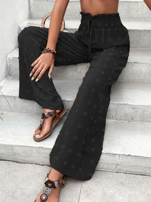 Drawstring Elasticity Jacquard Solid Color High Waisted Loose Trousers Pants