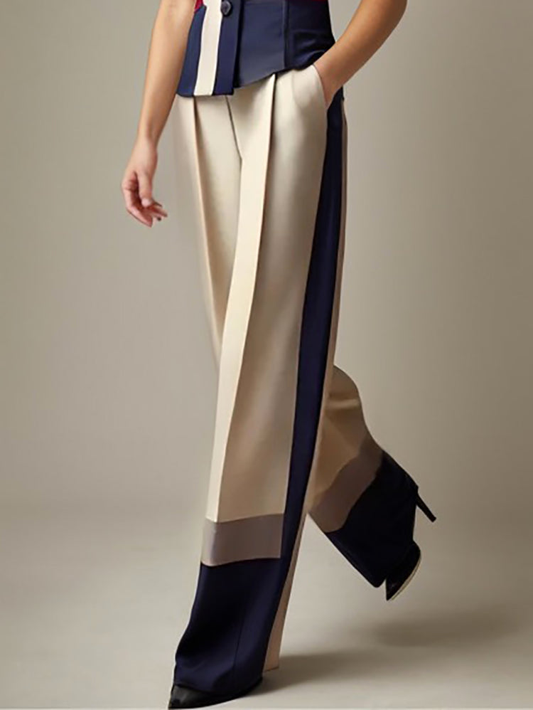 Contrast Color Elasticity Pockets High Waisted Loose Trousers Pants