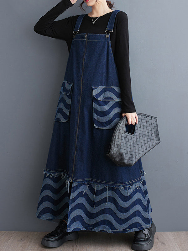 Split-Joint Striped Zipper A-Line Loose Adjustable Straps Midi Dresses