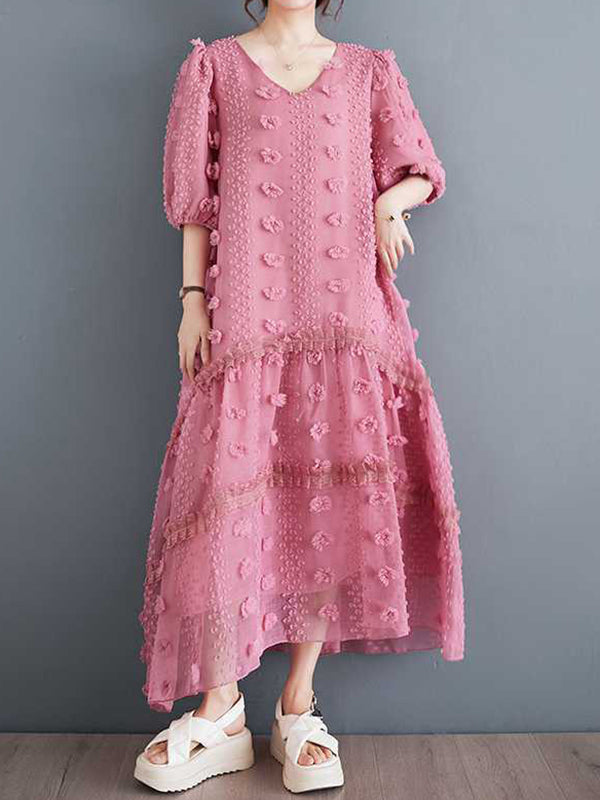 Elasticity Jacquard Solid Color Split-Joint A-Line Half Sleeves V-Neck Midi Dresses