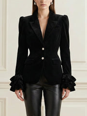 Buttoned Solid Color Split-Joint Elasticated Waist High Waisted Notched Collar Blouses&Shirts Tops Blazer
