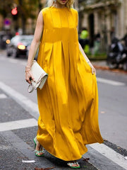 Pleated Solid Color Split-Joint A-Line Loose Round-Neck Maxi Dresses