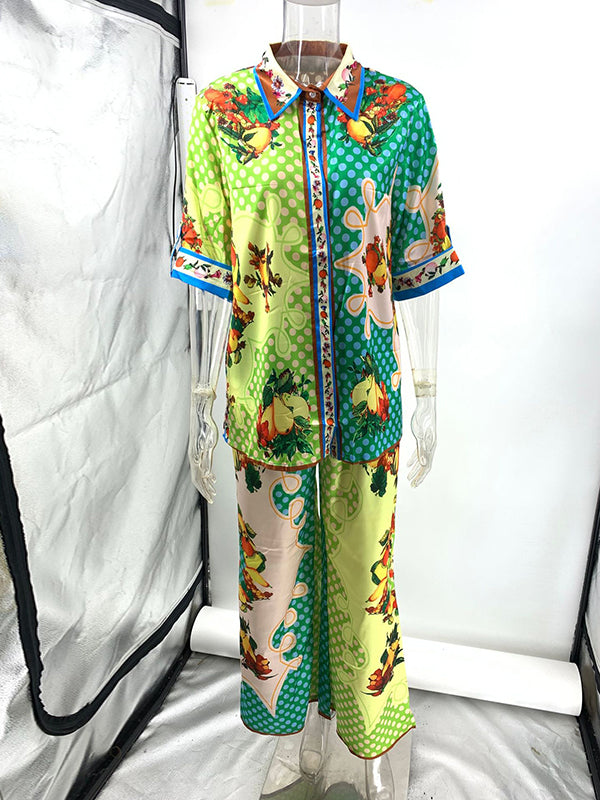 Contrast Color Floral Printed Loose Short Sleeves Lapel Shirt Top&Pants Two Pieces Set