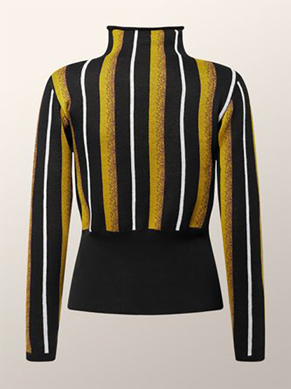 Contrast Color Split-Joint Striped Long Sleeves Skinny High Neck T-Shirts Tops