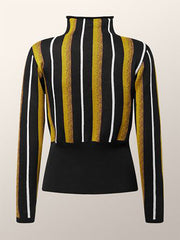 Contrast Color Split-Joint Striped Long Sleeves Skinny High Neck T-Shirts Tops