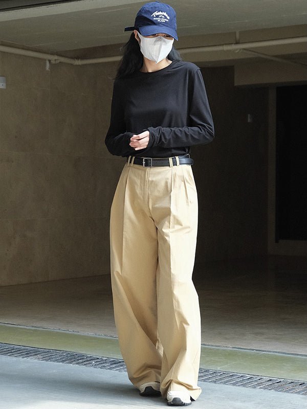 Simple Loose Long Sleeves Solid Color Round-Neck T-Shirts Tops