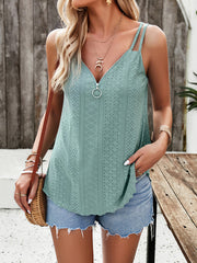 Jacquard Solid Color Zipper Loose Sleeveless Spaghetti-Neck Vest Top
