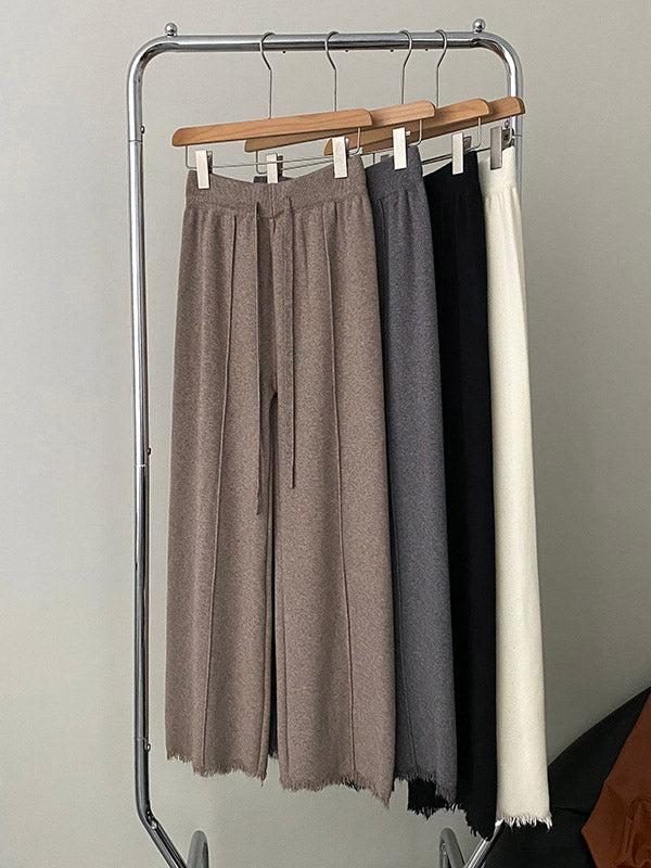 Fringed Pleated Solid Color Split-Joint Tied Waist High Waisted Loose Trousers Pants