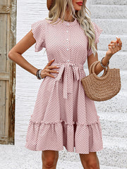 Buttoned Pleated Polka-Dot Tied Waist A-Line Loose Round-Neck Mini Dresses