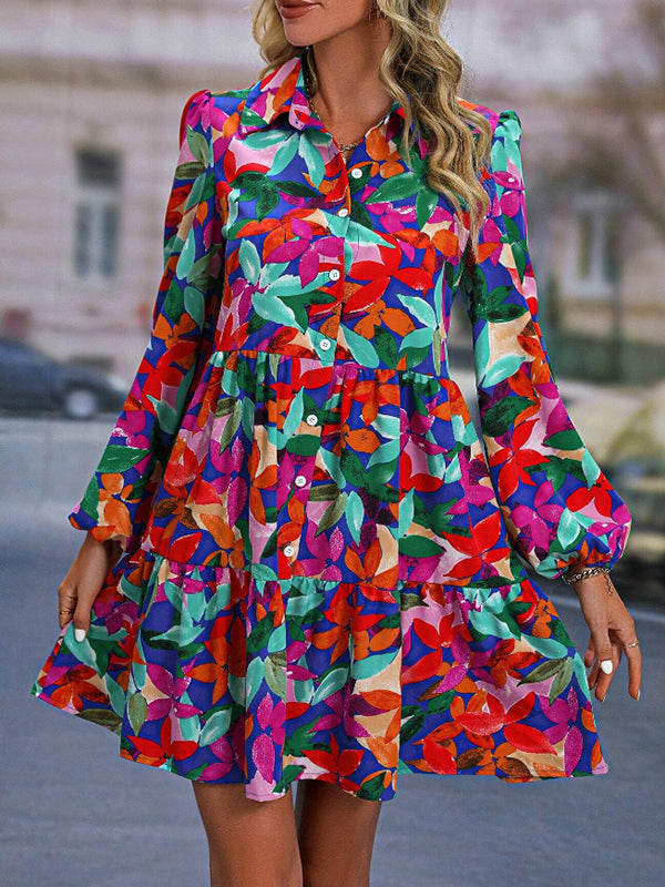 Floral Printed Pleated Printed Split-Joint Loose Puff Sleeves Lapel Mini Dresses