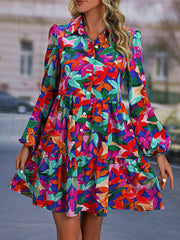 Floral Printed Pleated Printed Split-Joint Loose Puff Sleeves Lapel Mini Dresses