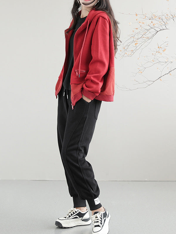 Artistic Retro Loose Long Sleeves Solid Color Zipper Hooded Outerwear