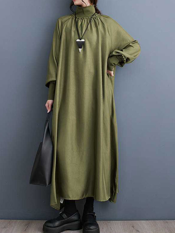 Pleated Pockets Solid Color Split-Joint A-Line Long Sleeves High Neck Midi Dresses