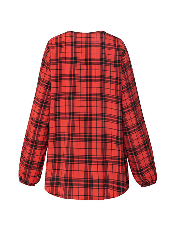 Buttoned Elasticity Plaid Pockets Long Sleeves Loose Round-Neck Blouses&Shirts Tops