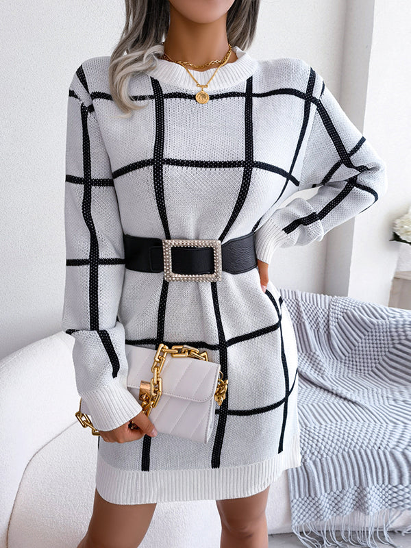 Belted Contrast Color Plaid Elasticated Waist Long Sleeves Round-Neck Sweater Dresses Mini Dresses
