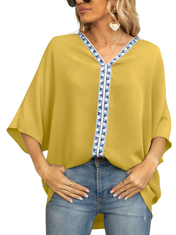 Split-Joint Batwing Sleeves Loose V-neck Blouses&shirts Tops