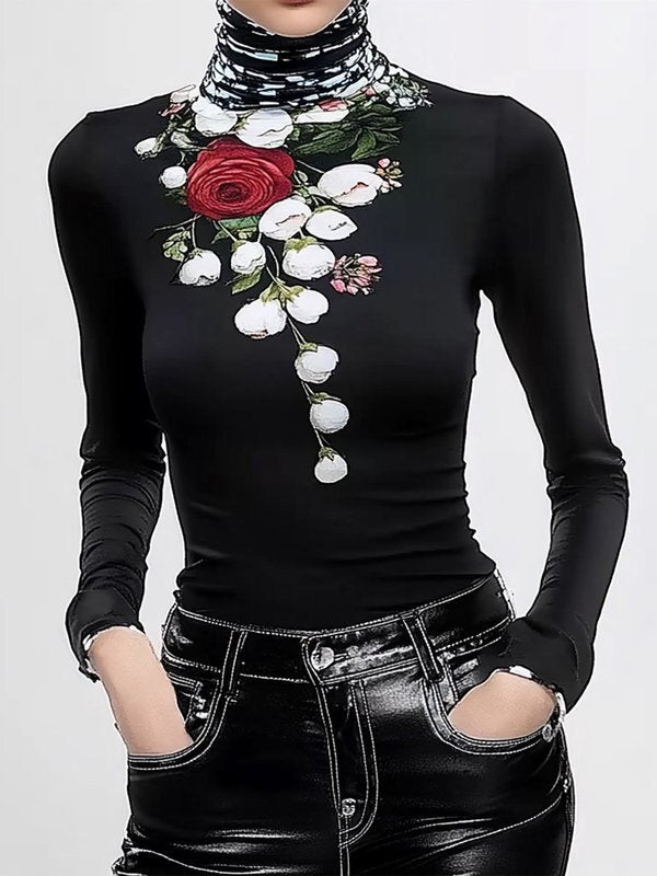 Flower Print Split-Joint Long Sleeves Skinny High Neck T-Shirts Tops