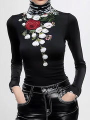 Flower Print Split-Joint Long Sleeves Skinny High Neck T-Shirts Tops