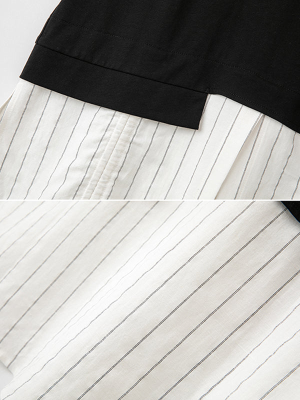 Urban Striped Drawstring Split-Joint False Two Split-Joint T-Shirt