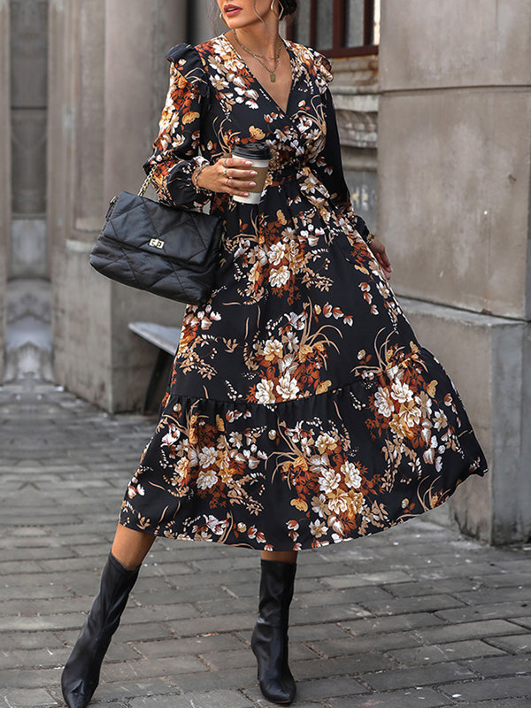 Flower Print Pleated Split-Joint Tied Waist Loose Puff Sleeves V-Neck Shirt Dress Midi Dresses