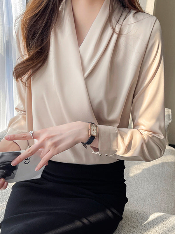 Buttoned Solid Color Long Sleeves Loose V-Neck Blouses&Shirts Tops