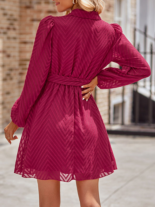 See-Through Solid Color Tied Waist A-Line Long Sleeves V-Neck Mini Dresses