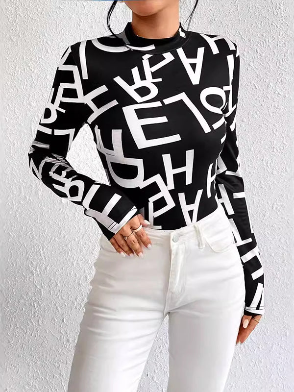 Letter Print Split-Joint Long Sleeves Skinny Mock Neck T-Shirts Tops