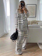 Casual Loose Printed Lapel Collar Blouses Tops & Wide Leg Pants Two Pieces Set
