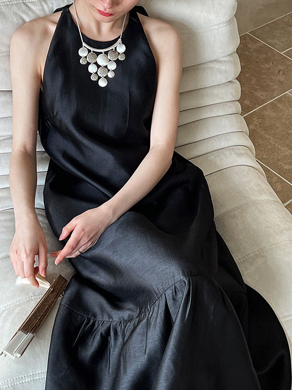 Pleated Solid Color Split-Joint Loose Sleeveless Round-Neck Maxi Dresses