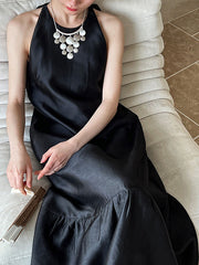 Pleated Solid Color Split-Joint Loose Sleeveless Round-Neck Maxi Dresses