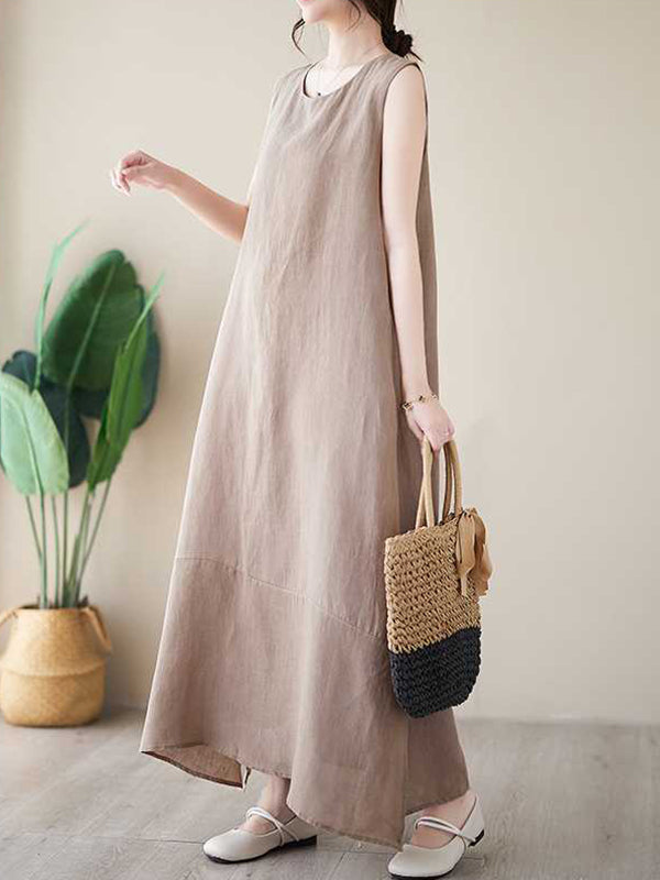 Solid Color A-Line Loose Round-Neck Midi Dresses