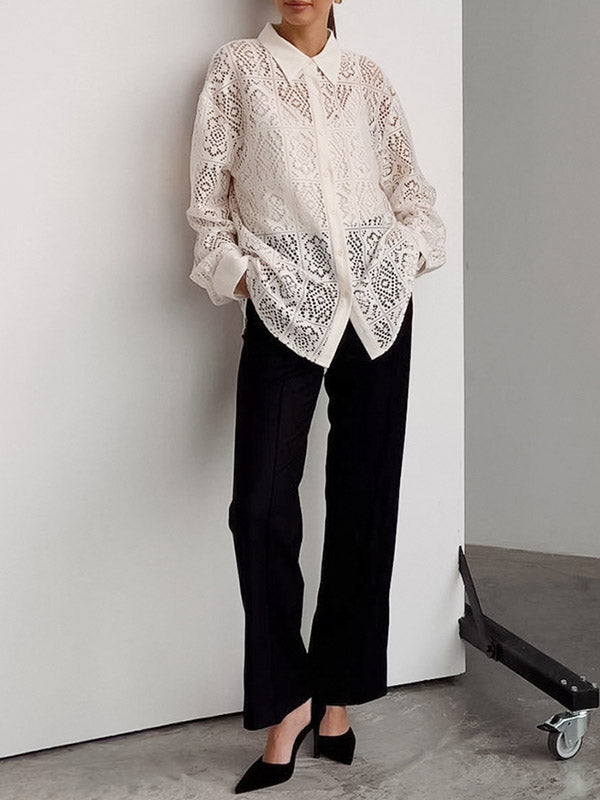 Buttoned Hollow See-Through Solid Color Sun Protection Long Sleeves Loose Lapel Collar Blouses&Shirts Tops