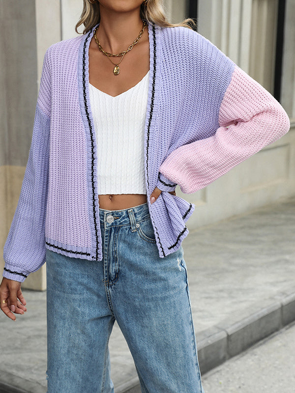 Contrast Color Split-Joint Long Sleeves Loose Collarless Cardigan Tops