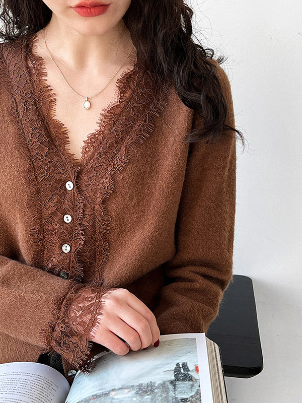 Buttoned Split-Joint Long Sleeves V-Neck Cardigan Tops