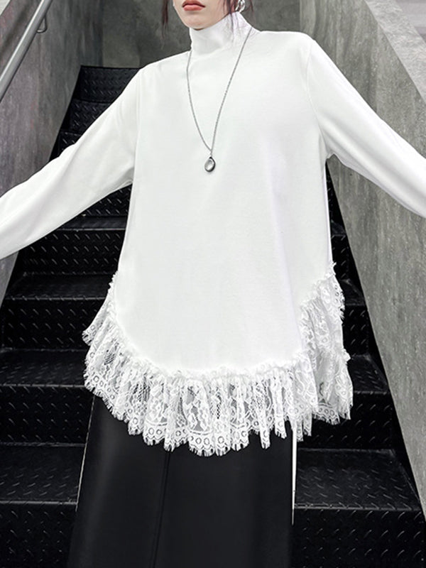 Solid Color Split-Joint Long Sleeves Loose High Neck T-Shirts Tops