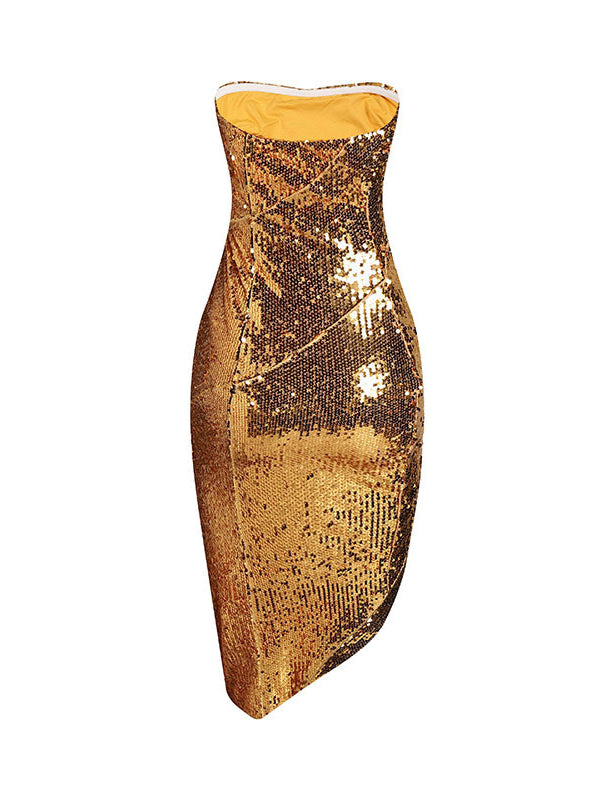 Asymmetric Sequined Shiny Zipper Bodycon High Waisted Tube Midi Dresses